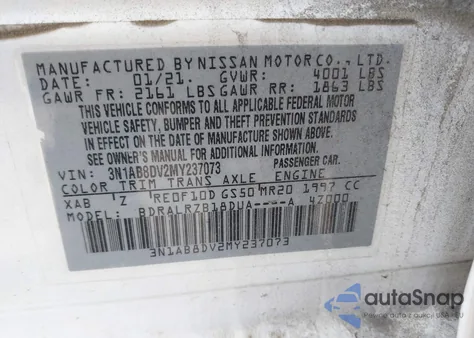 2021 Nissan Sentra Sr Xtronic Cvt из США, поврежденный, VIN 3N1AB8DV2MY237073